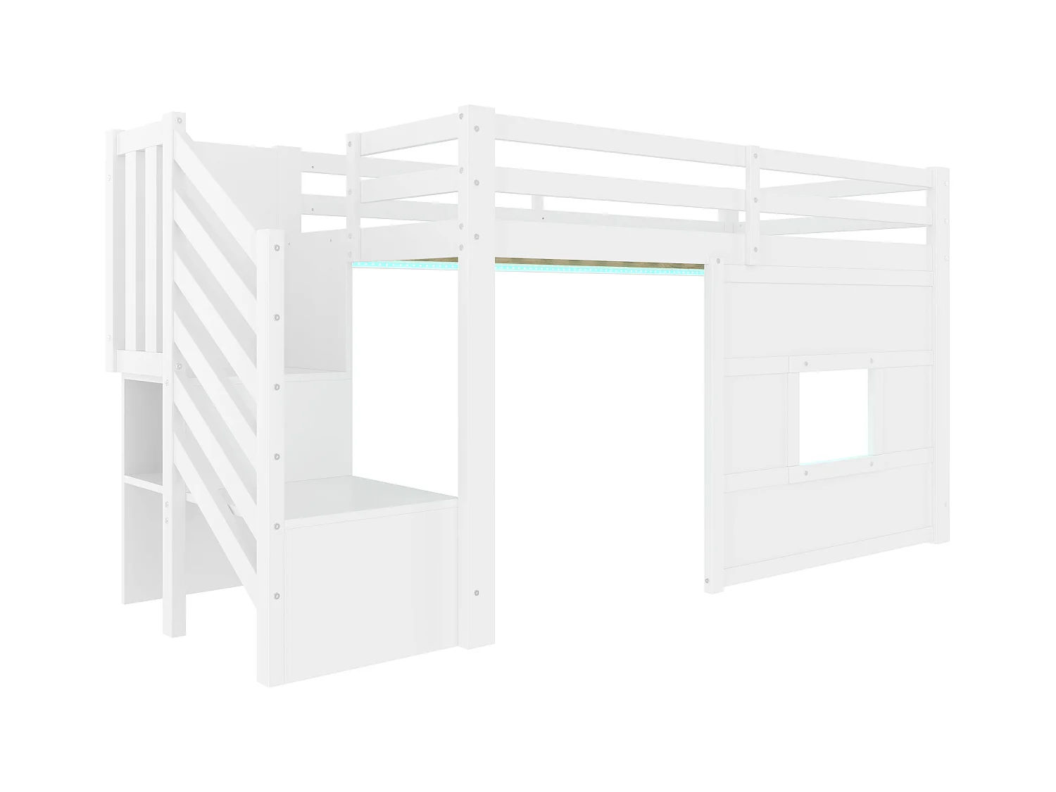 Lit mezzanine enfant 90x200 cm - avec escalier de rangement et fenêtre - blanc (sans matelas)