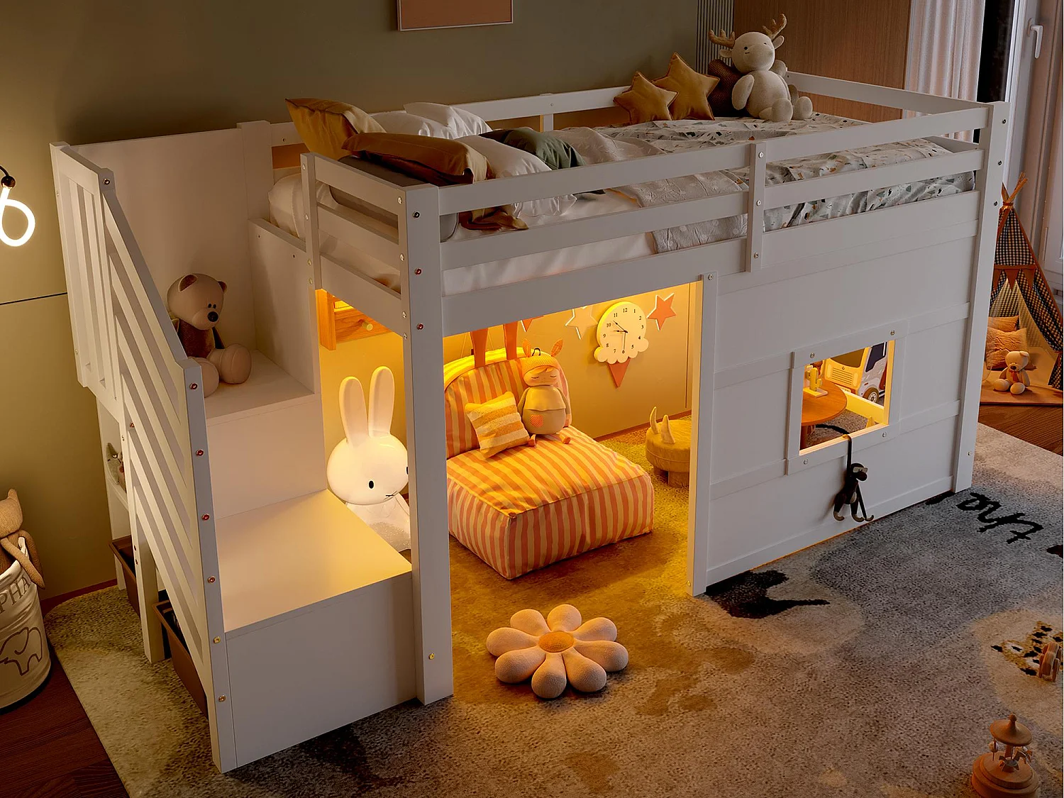 Lit mezzanine 90x200cm - avec échelle de rangement et fenêtre - avec LED - Barrière de sécurité - MDF - Blanc ( sans matelas )