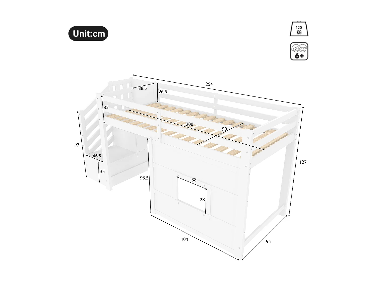 Lit mezzanine 90x200cm - avec échelle de rangement et fenêtre - avec LED - Barrière de sécurité - MDF - Blanc ( sans matelas )