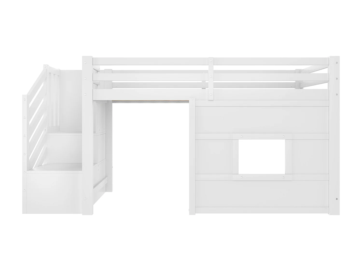 Lit mezzanine 90x200cm - avec échelle de rangement et fenêtre - avec LED - Barrière de sécurité - MDF - Blanc ( sans matelas )