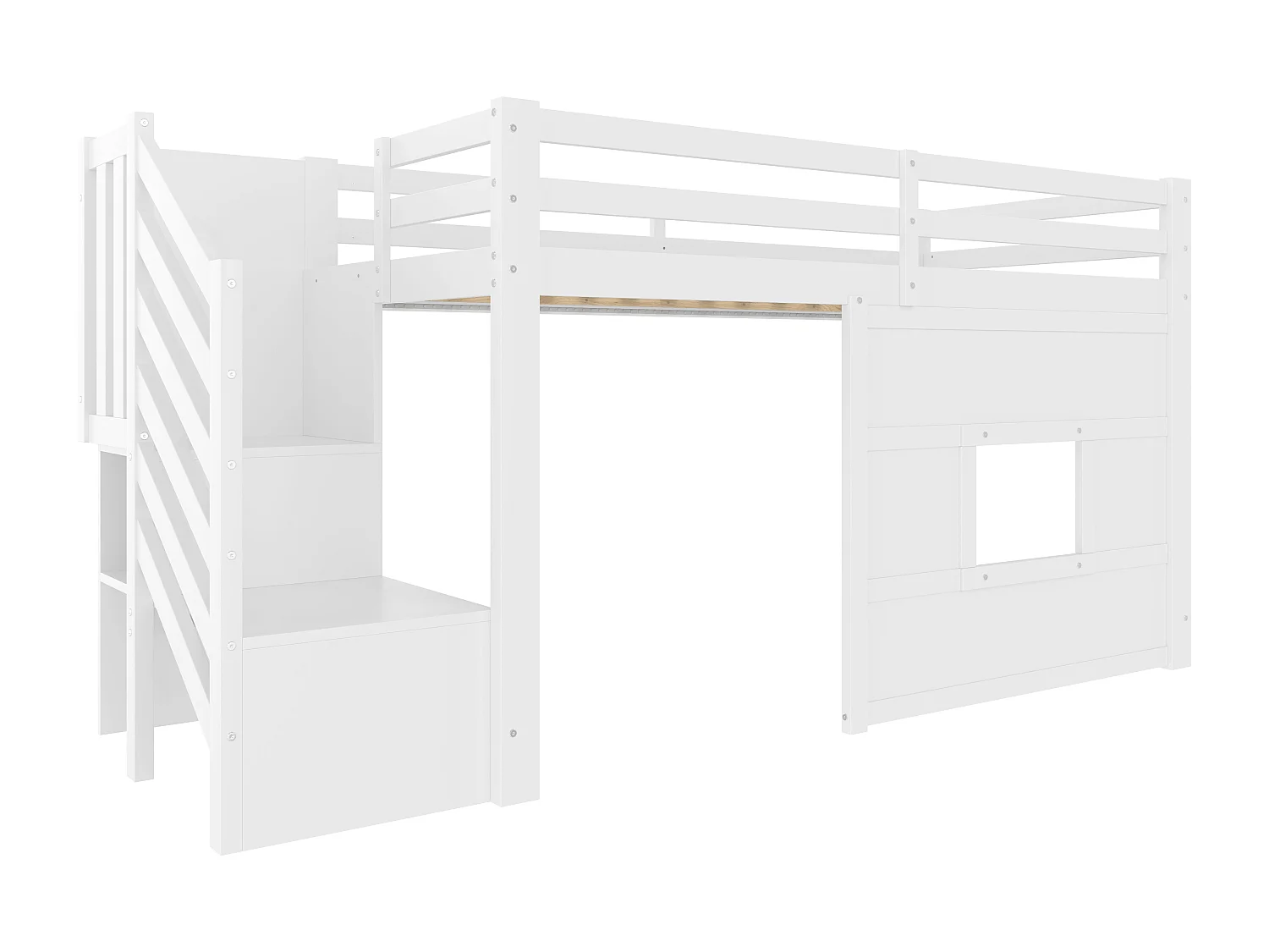 Lit mezzanine 90x200cm - avec échelle de rangement et fenêtre - avec LED - Barrière de sécurité - MDF - Blanc ( sans matelas )