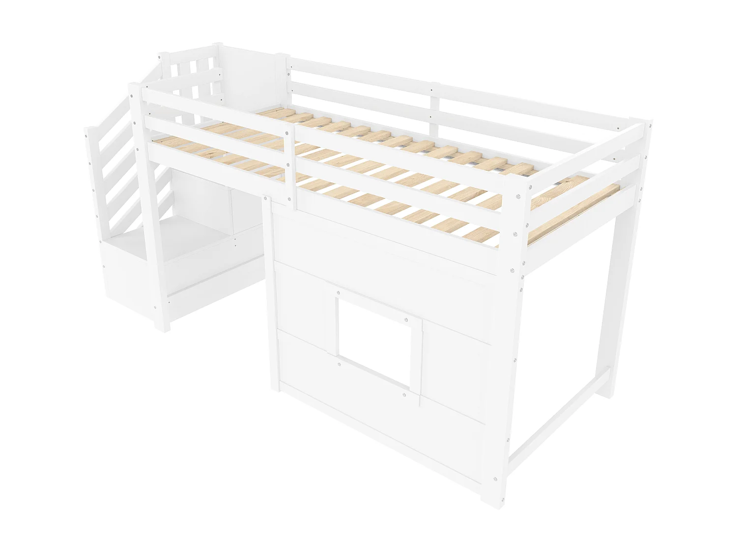 Lit mezzanine 90x200cm - avec échelle de rangement et fenêtre - avec LED - Barrière de sécurité - MDF - Blanc ( sans matelas )