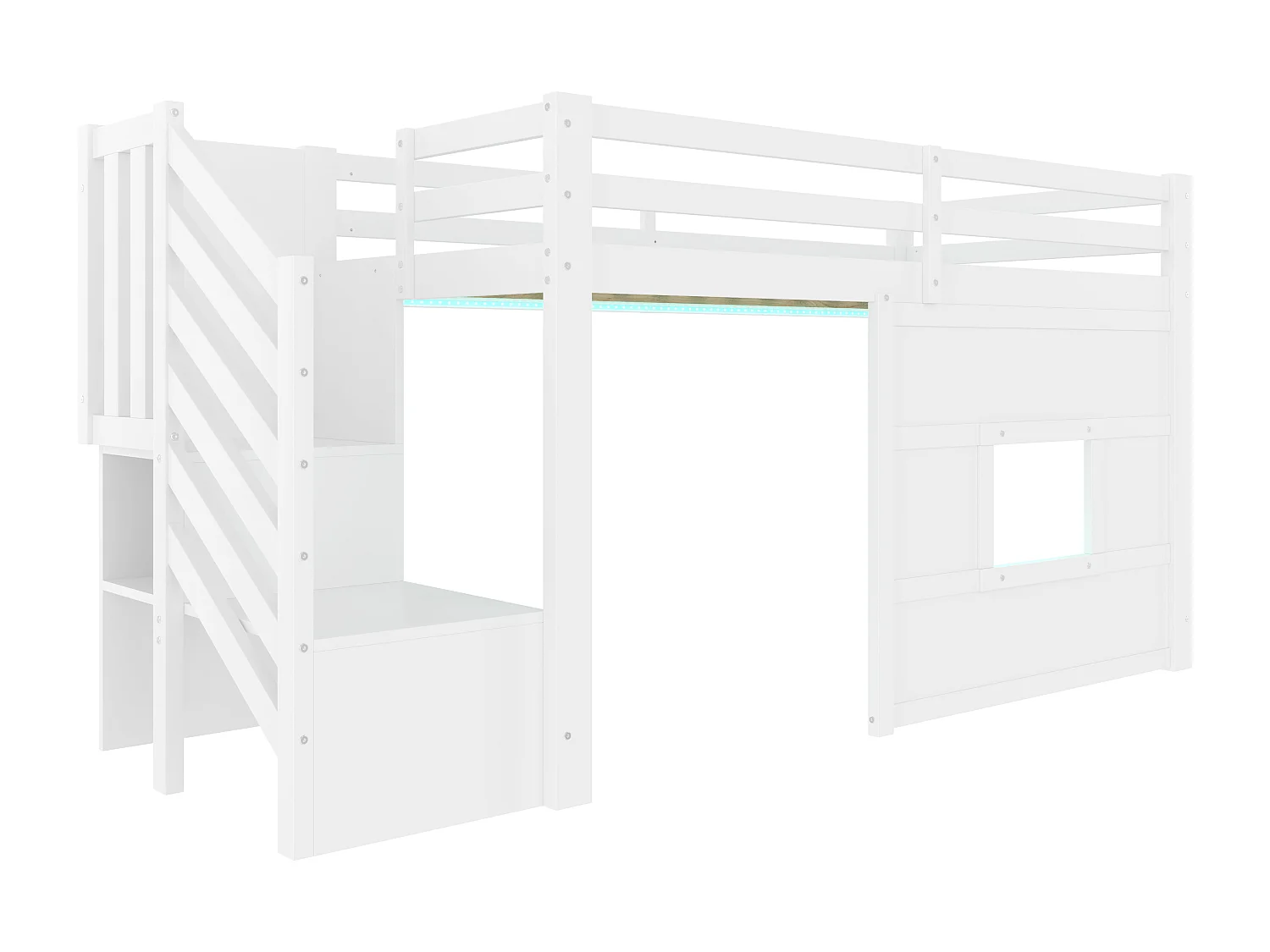 Lit mezzanine 90x200cm - avec échelle de rangement et fenêtre - avec LED - Barrière de sécurité - MDF - Blanc ( sans matelas )