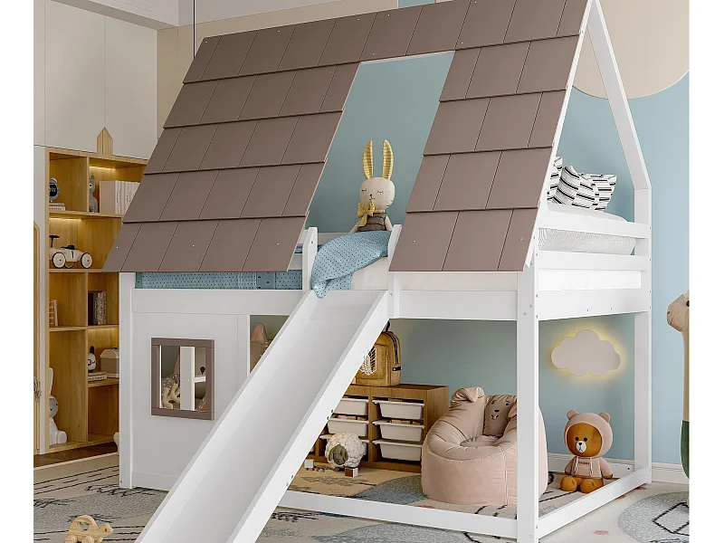 Lit superposé enfant 140x200cm - avec toit - échelle et toboggan - blanc et marron（sans matelas）