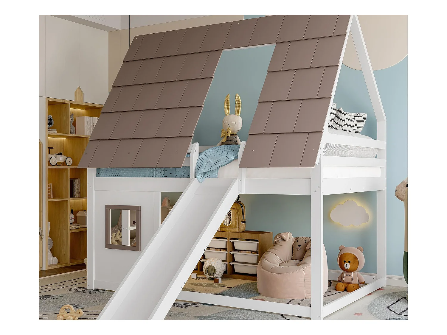 Lit superposé enfant 140x200cm - avec toit - échelle et toboggan - blanc et marron（sans matelas）