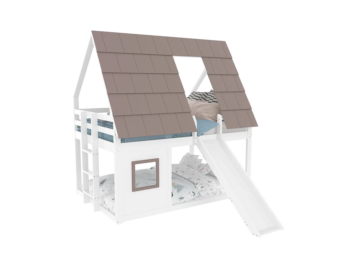 Lit superposé enfant 140x200cm - avec toit - échelle et toboggan - blanc et marron（sans matelas）
