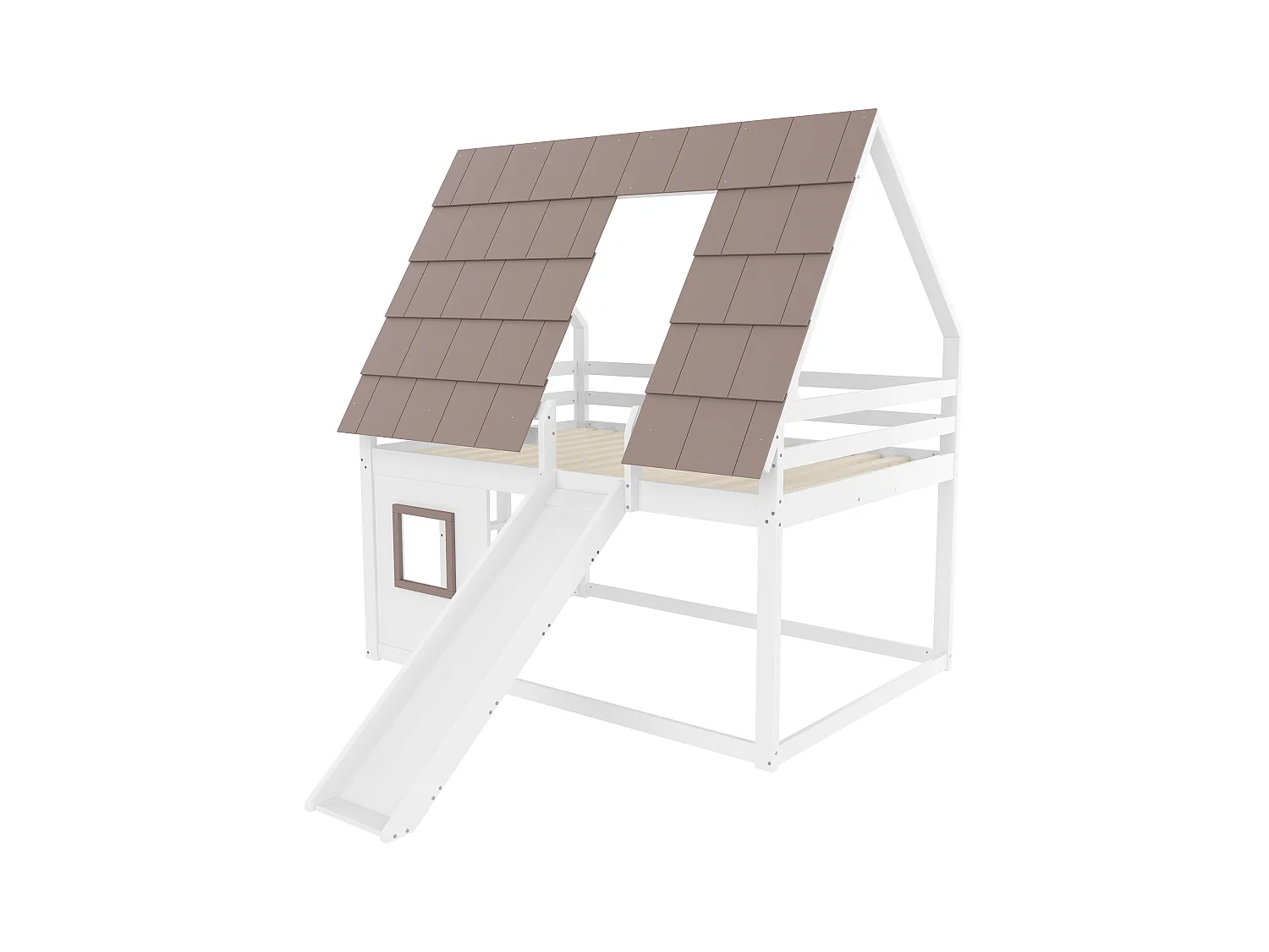 Lit superposé enfant 140x200cm - avec toit - échelle et toboggan - blanc et marron（sans matelas）