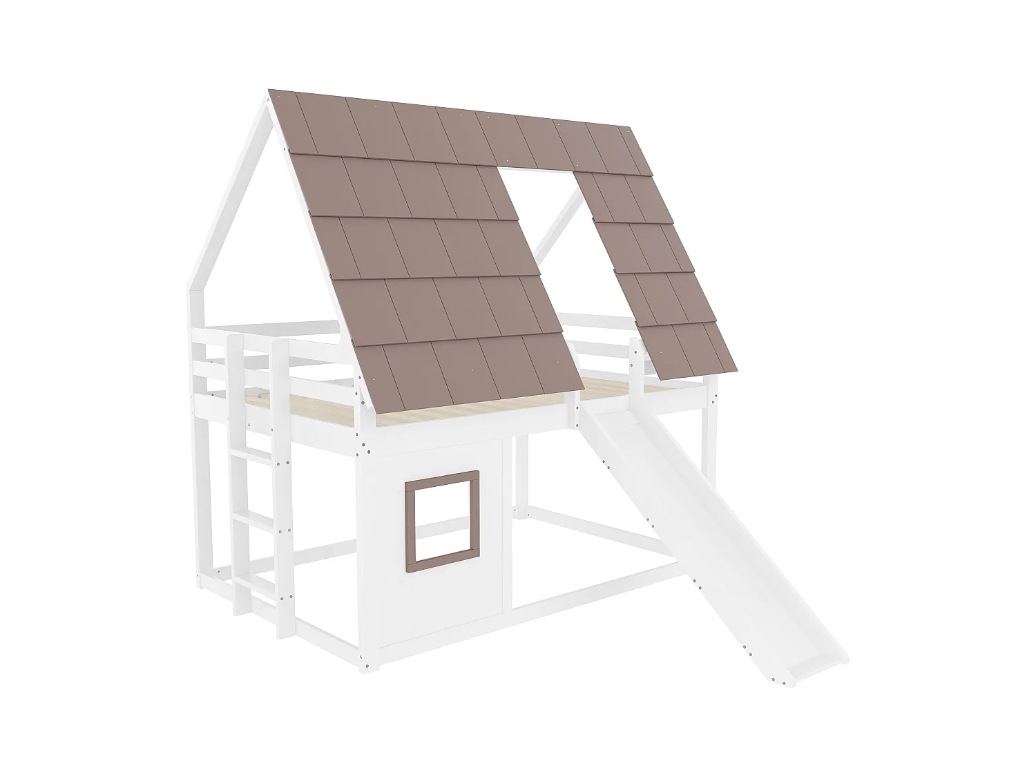 Etagenbett für Kinder 140x200 cm - mit Dach - Leiter und Rutsche - weiß und braun (ohne Matratze)