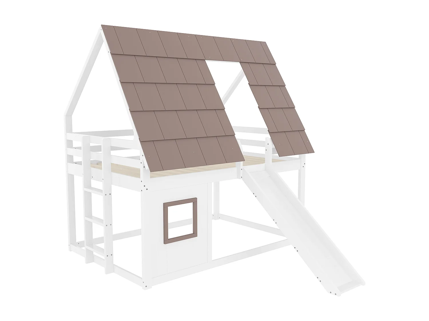 Cama beliche infantil 140x200 cm - com telhado - escada e escorrega - branco e marrom (sem colchão)