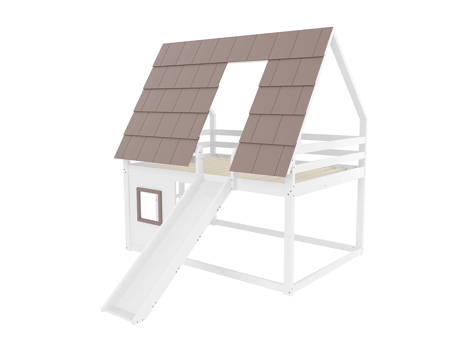 Cama beliche infantil 140x200 cm - com telhado - escada e escorrega - branco e marrom (sem colchão)