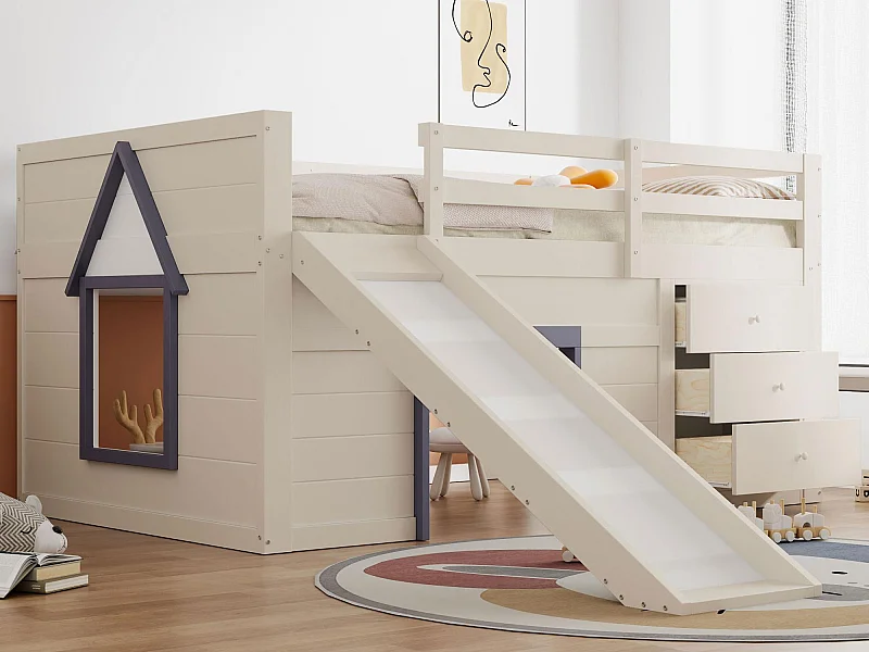 Cama mezzanine infantil 140x200 cm - con tobogán - 3 cajones - crema (sin colchón)