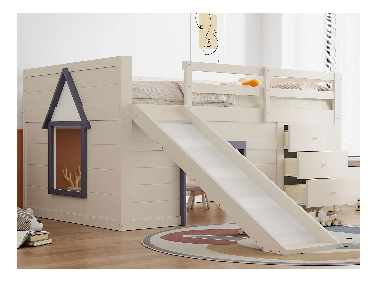 Lit mezzanine enfant 140 x 200cm - avec toboggan - 3 tiroirs - crème (sans matelas)