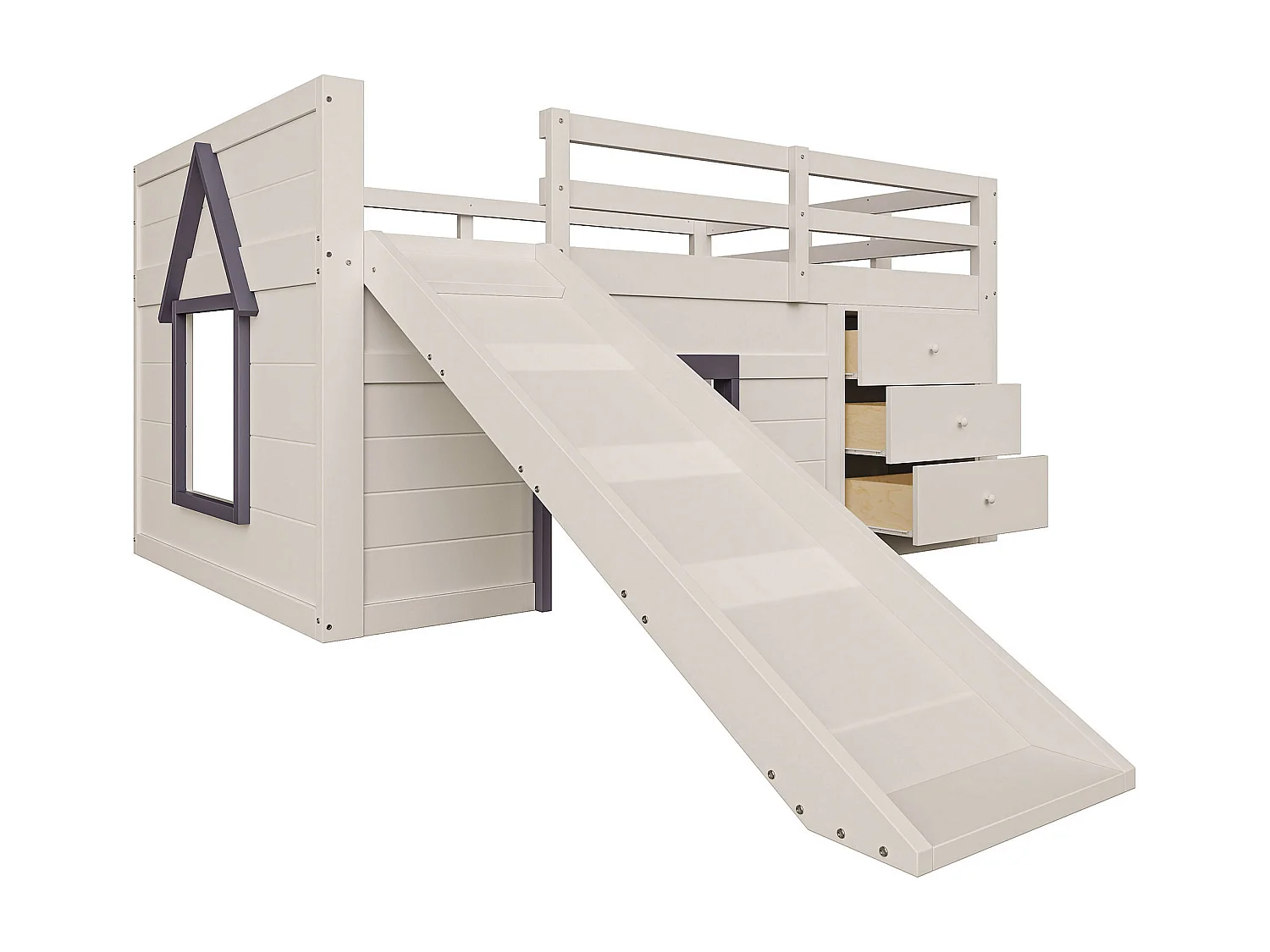 Lit mezzanine enfant 140 x 200cm - avec toboggan - 3 tiroirs - crème (sans matelas)