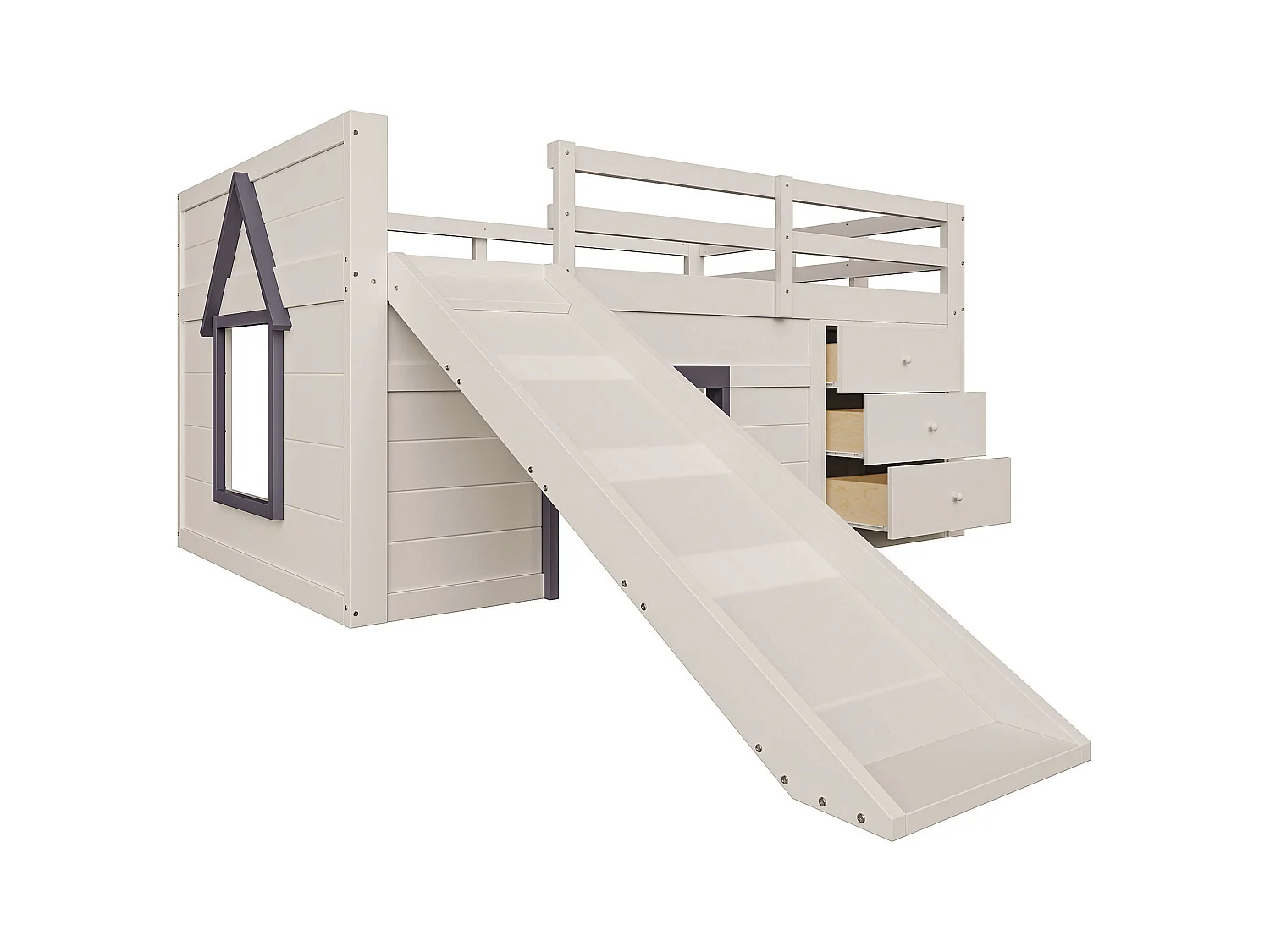 Lit mezzanine enfant 140 x 200cm - avec toboggan - 3 tiroirs - crème (sans matelas)