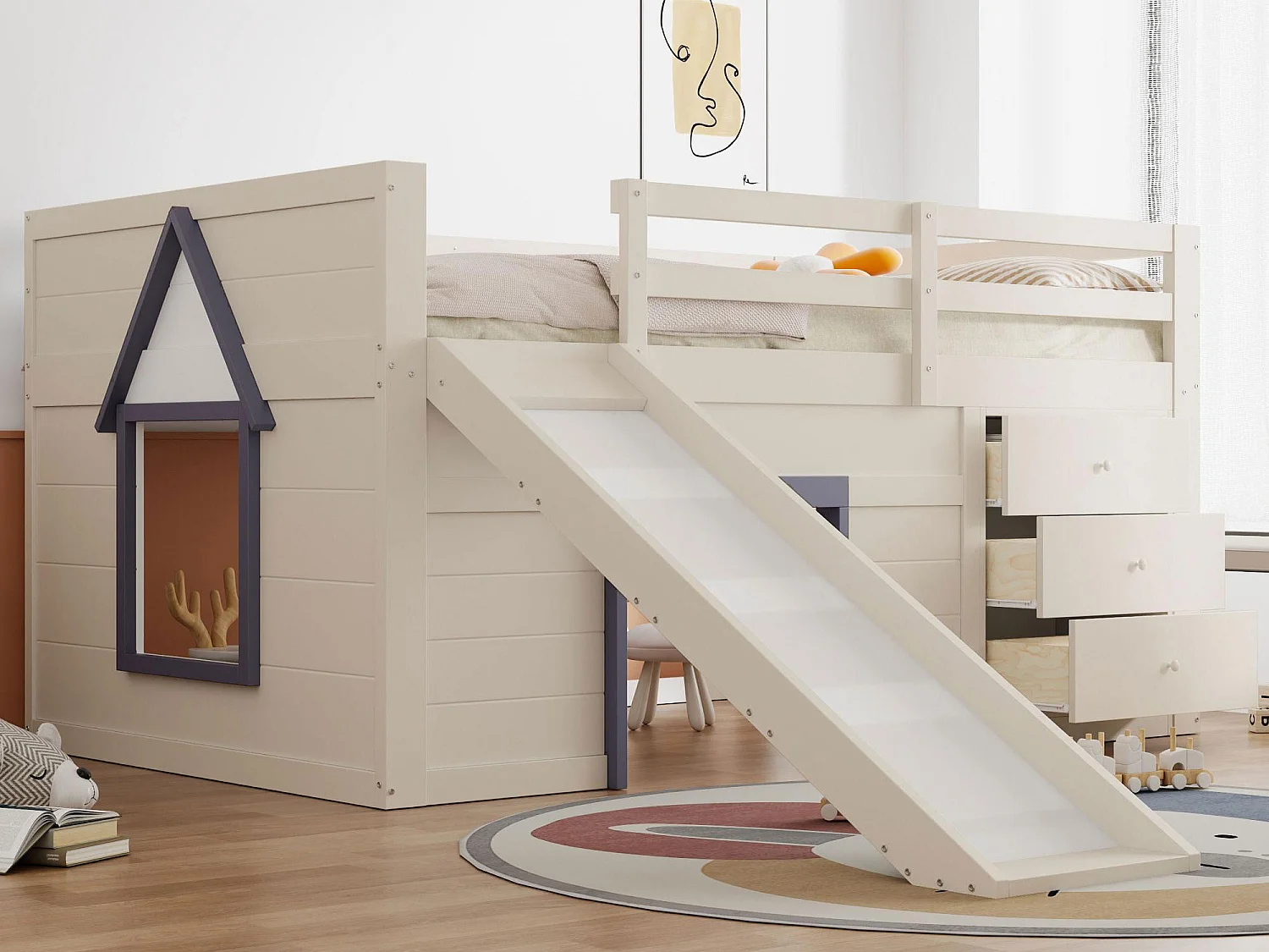 Lit mezzanine enfant 140 x 200cm - avec toboggan - 3 tiroirs - crème (sans matelas)