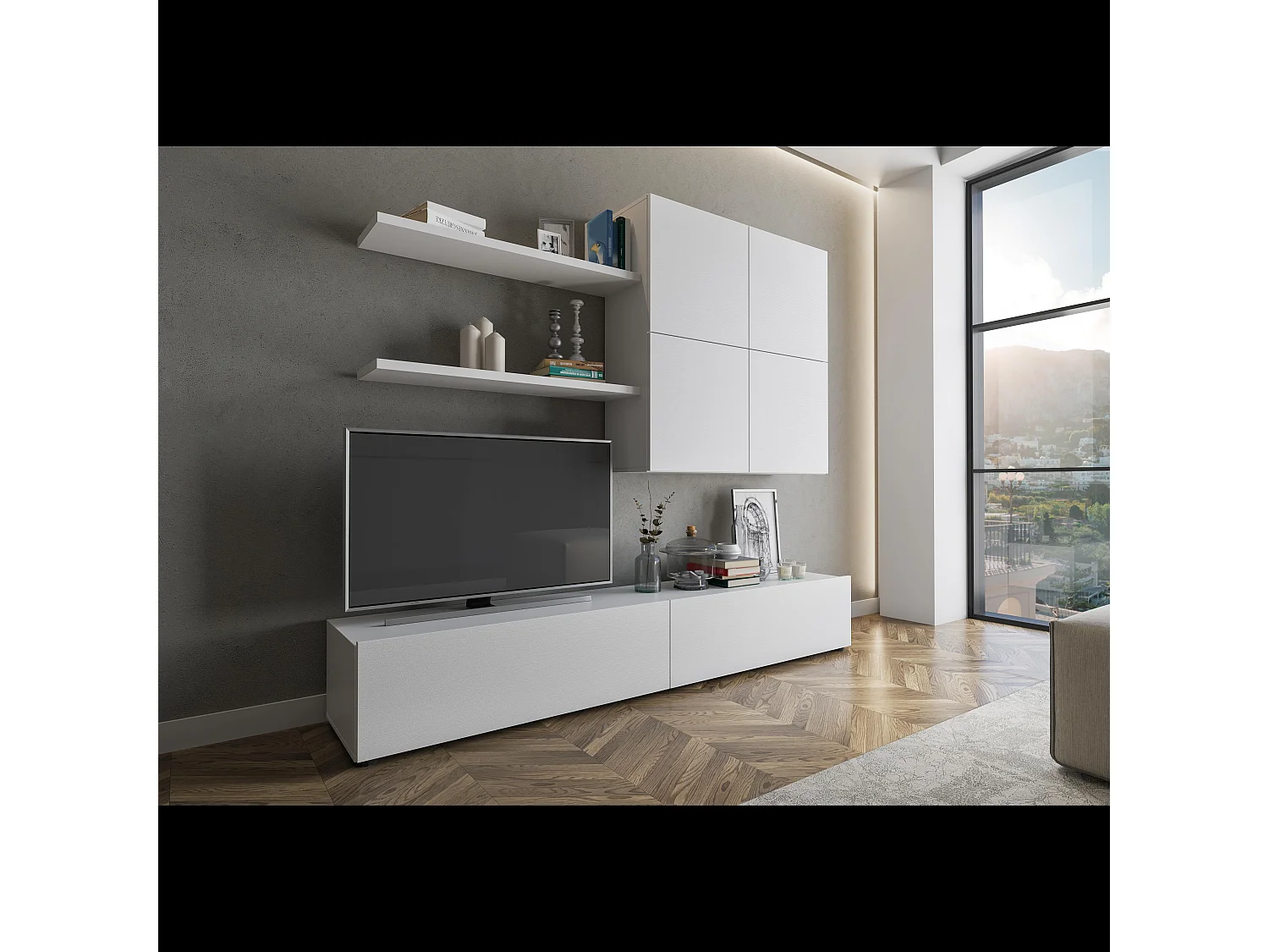 Parete Attrezzata Mobile Soggiorno Moderno Con Base TV 2 Ante Pensile 4 Ante e 2 Mensole Design Contemporaneo in Melaminico 200 x 194 x 40 cm Bianco