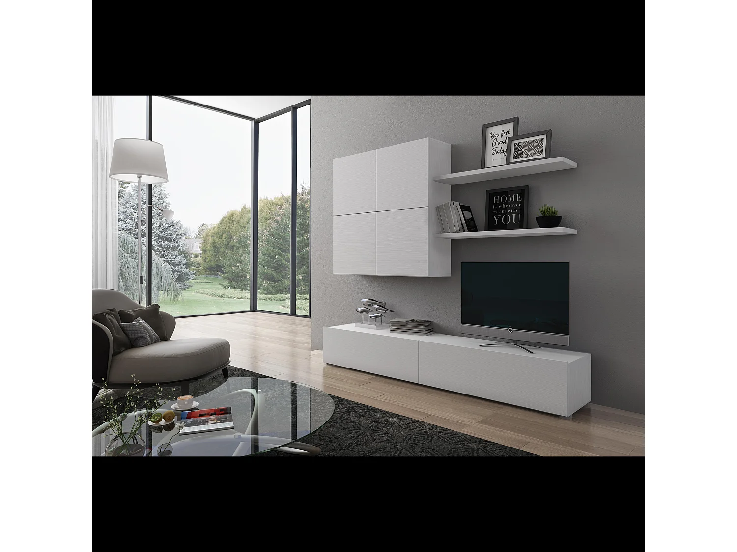 Parete Attrezzata Mobile Soggiorno Moderno Con Base TV 2 Ante Pensile 4 Ante e 2 Mensole Design Contemporaneo in Melaminico 200 x 194 x 40 cm Bianco