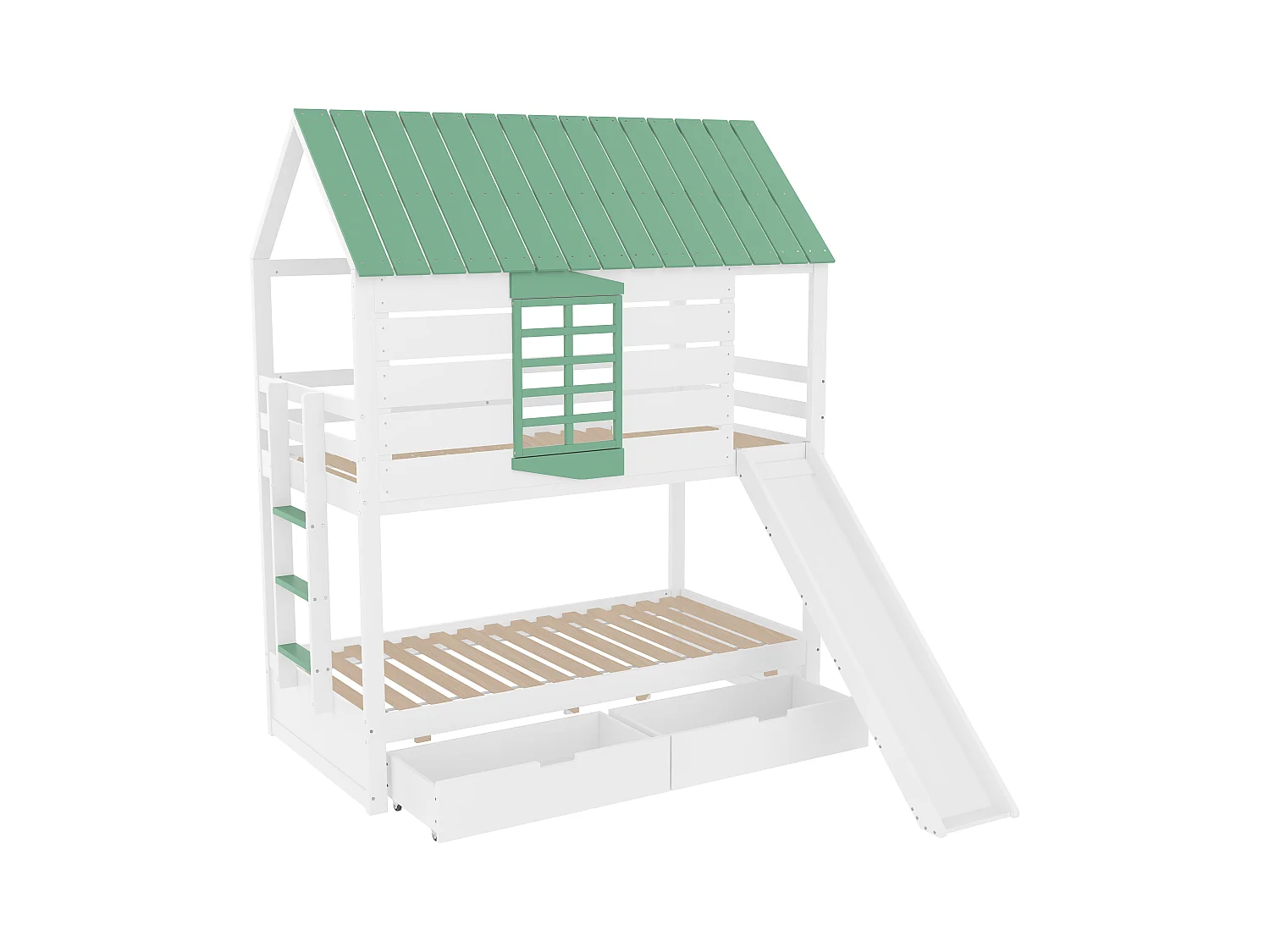 Etagenbett für Kinder 90x200 cm - mit Rutsche und 2 Schubladen - weiß + grün (ohne Matratze)