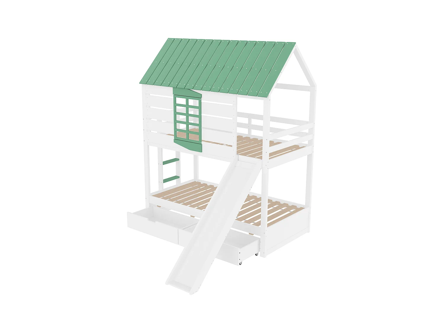 Etagenbett für Kinder 90x200 cm - mit Rutsche und 2 Schubladen - weiß + grün (ohne Matratze)
