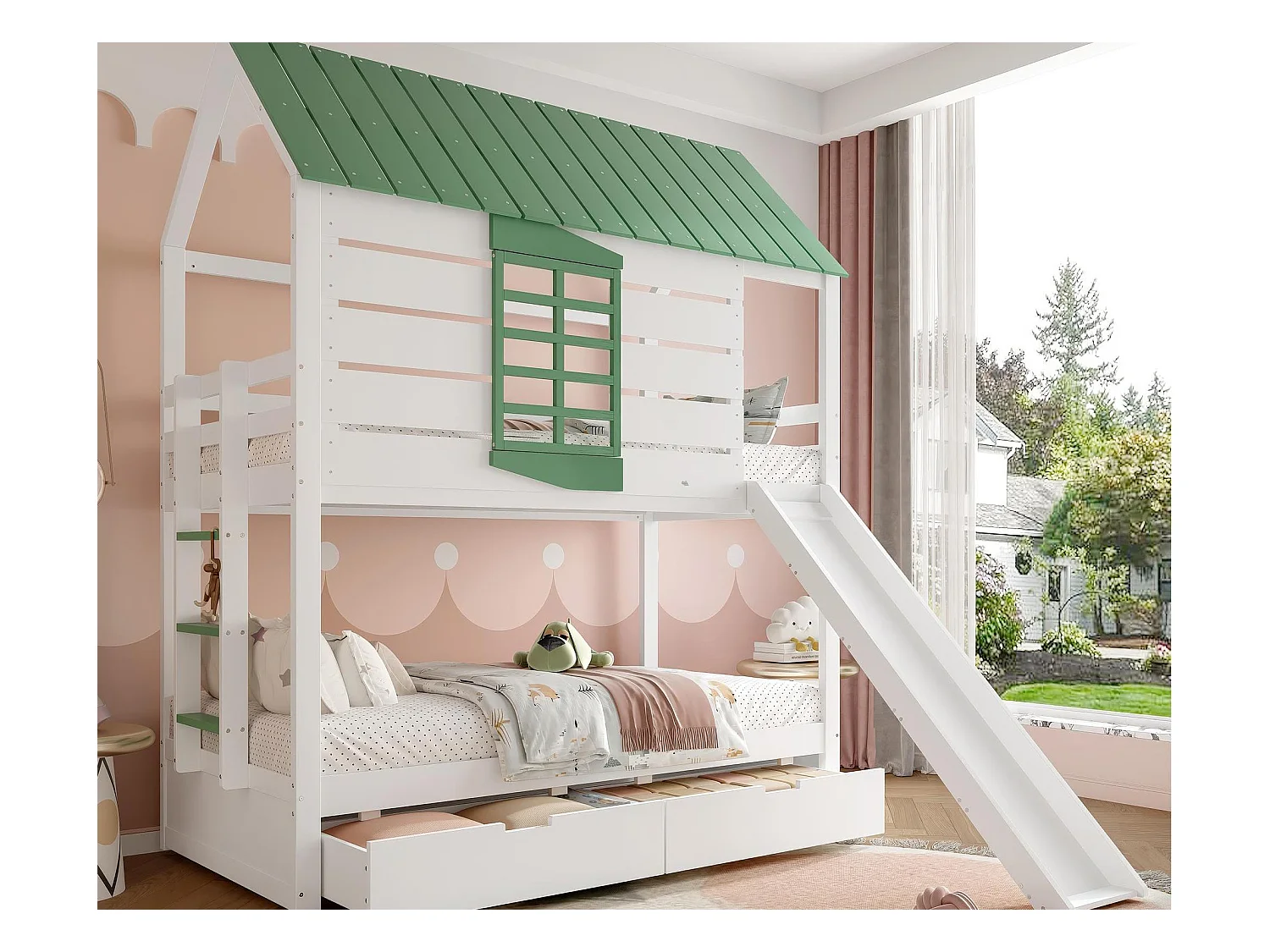 Lit superposé enfant 90x200cm - avec toboggan et 2 tiroirs - blanc + vert（sans matelas）