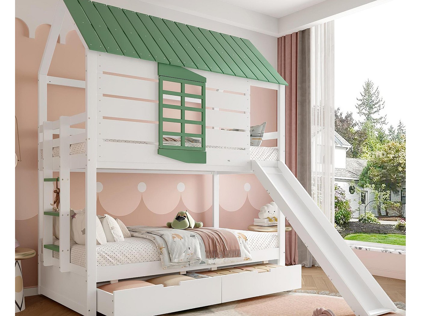 Lit Superposé Enfant 90/120x200cm Avec Toboggan Et 2 Tiroirs - Cabane En Bois Massif, Sommier à Lattes, Blanc