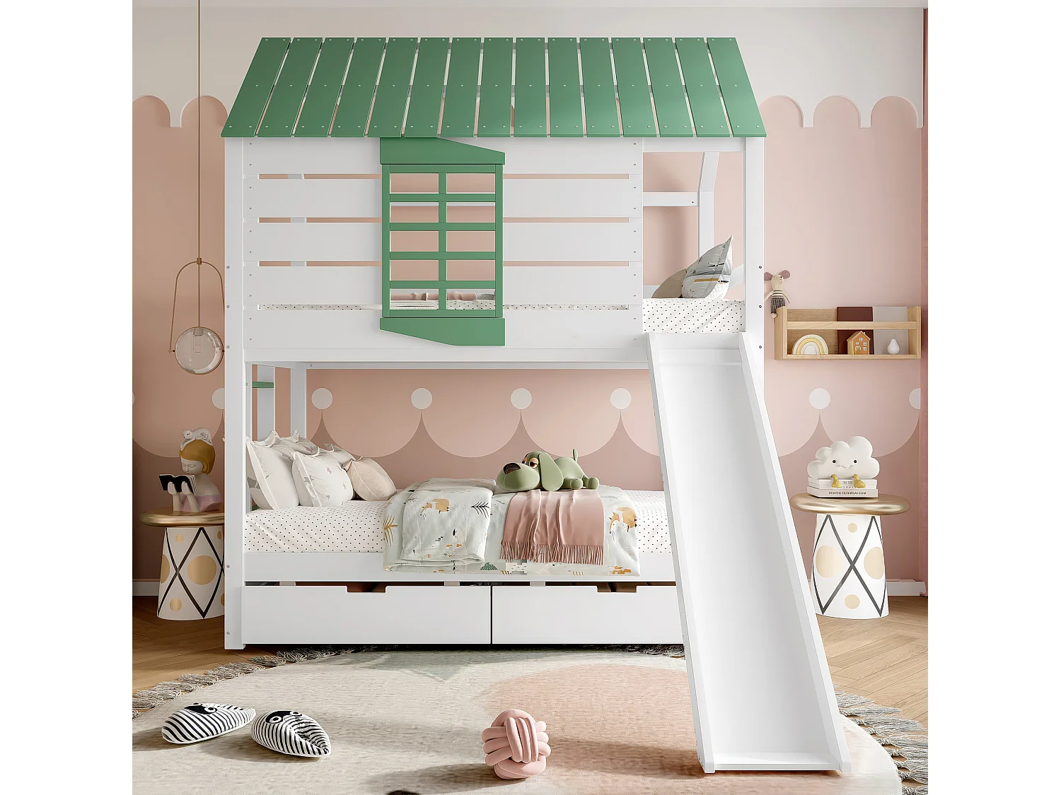 Stapelbed voor kinderen 90x200 cm - met glijbaan en 2 lades - wit + groen (zonder matras)