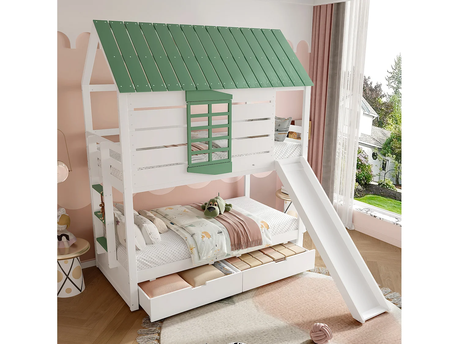 Stapelbed voor kinderen 90x200 cm - met glijbaan en 2 lades - wit + groen (zonder matras)