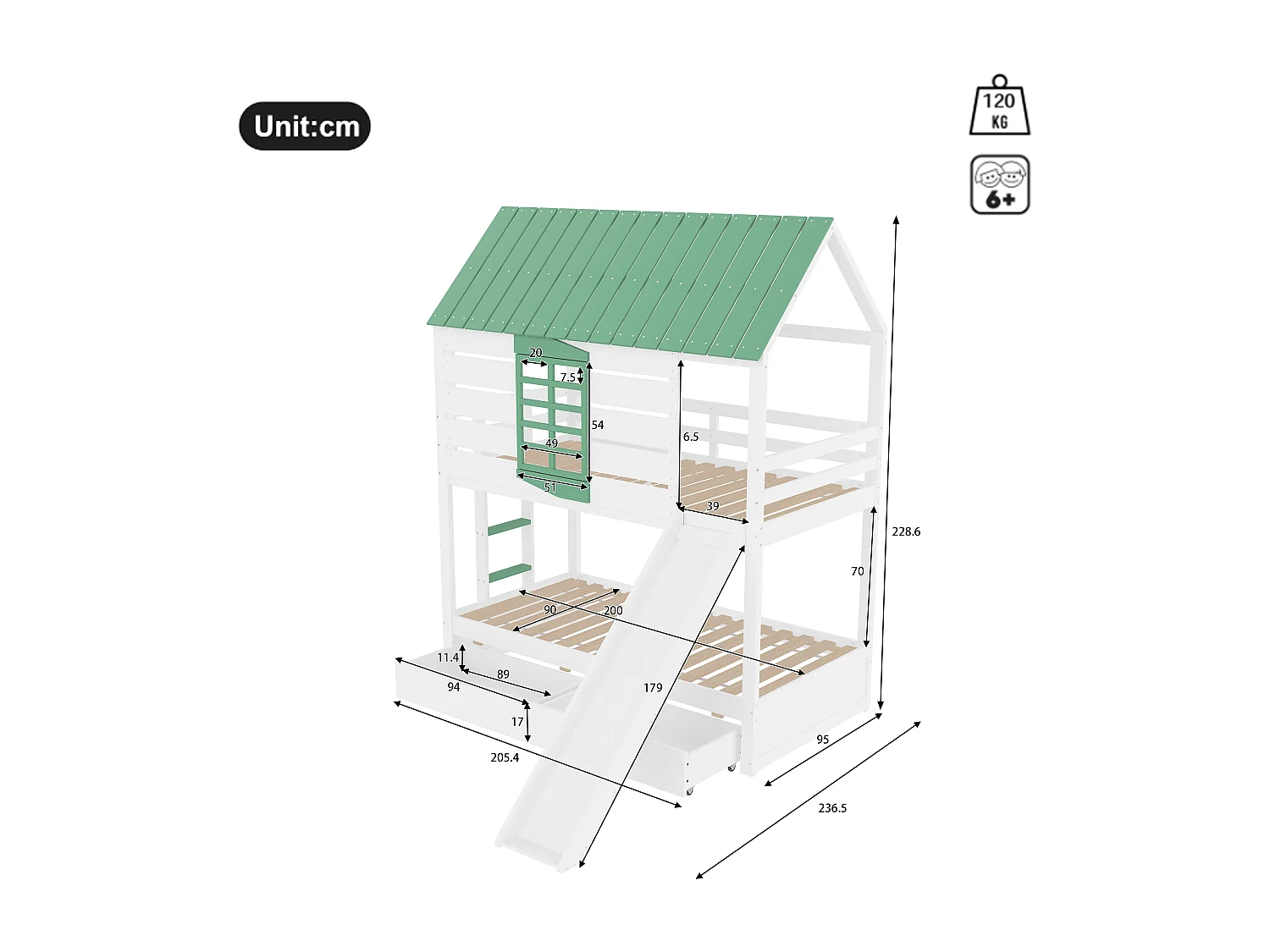 Stapelbed voor kinderen 90x200 cm - met glijbaan en 2 lades - wit + groen (zonder matras)