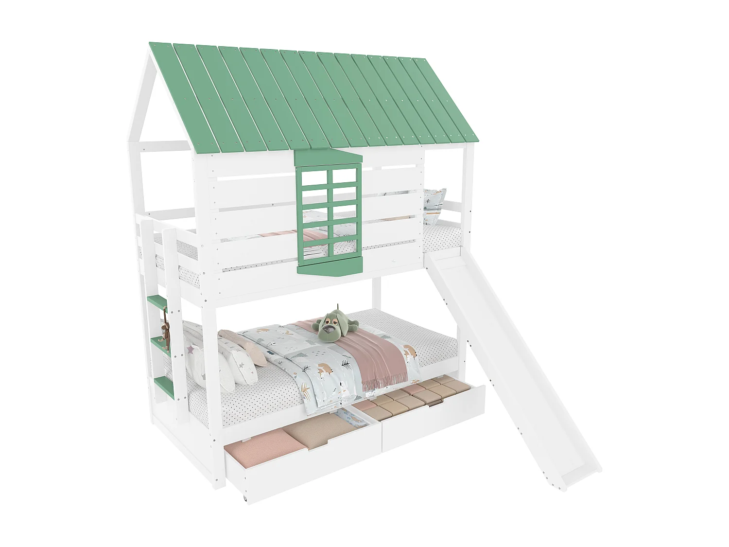 Stapelbed voor kinderen 90x200 cm - met glijbaan en 2 lades - wit + groen (zonder matras)