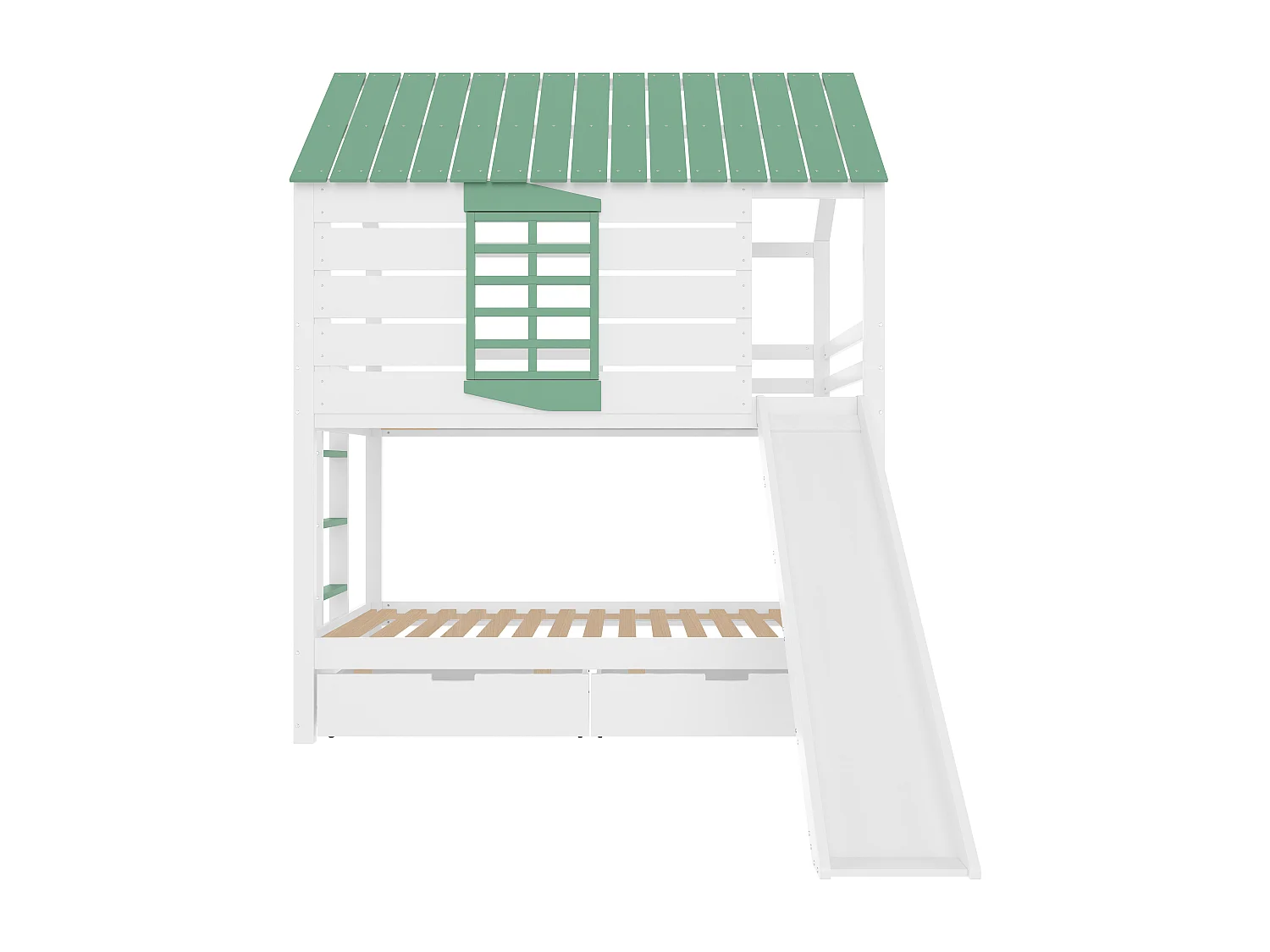 Stapelbed voor kinderen 90x200 cm - met glijbaan en 2 lades - wit + groen (zonder matras)