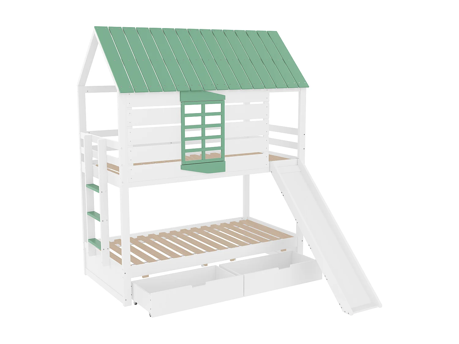 Stapelbed voor kinderen 90x200 cm - met glijbaan en 2 lades - wit + groen (zonder matras)