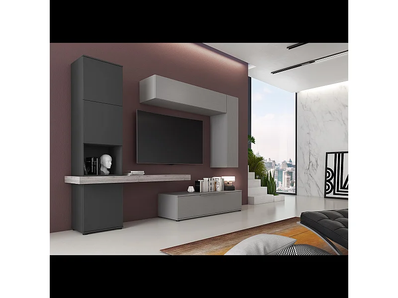 Parete Attrezzata Mobile Costanza Mobile Soggiorno TV con Mensola e Modulo Sospeso Salotto Legno Base Televisione Sala Pranzo 278x207x50 cm Grafite e Grigio Cemento