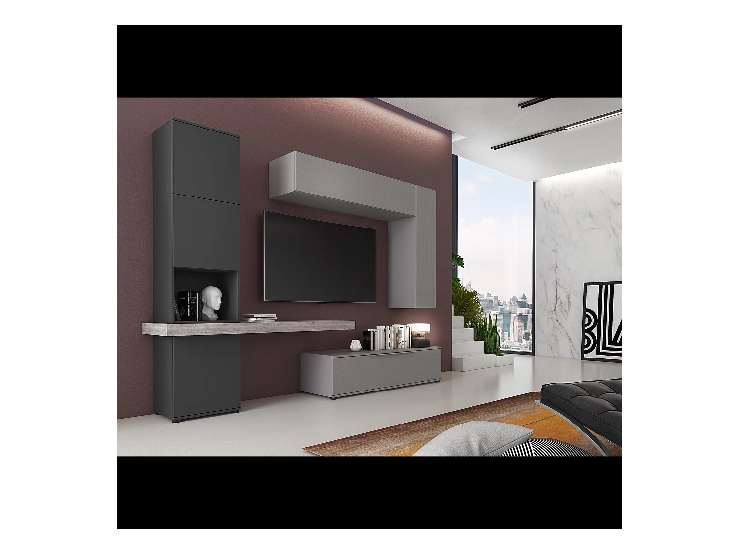 Parete Attrezzata Mobile Mobile Soggiorno TV Mensola Modulo Sospeso Salotto Base Televisione Sala Pranzo 278 x 207 x 50 cm Grafite e Grigio Cemento