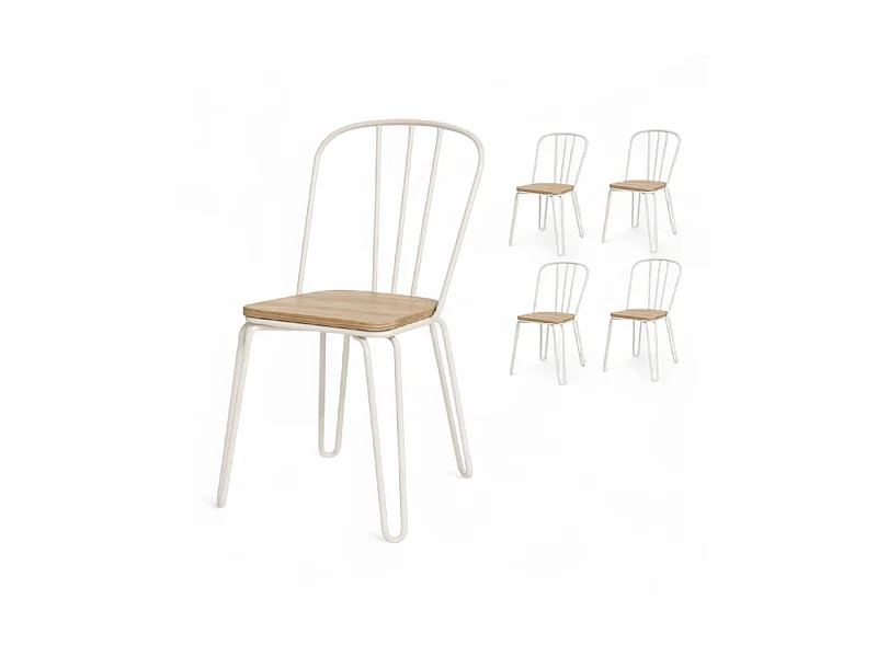 Lot de 4 chaises en métal blanc mat style industriel et assise en bois clair – Pieds en épingle