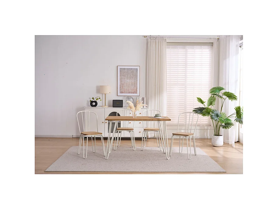 Lot de 4 chaises en métal blanc mat style industriel et assise en bois clair – Pieds en épingle