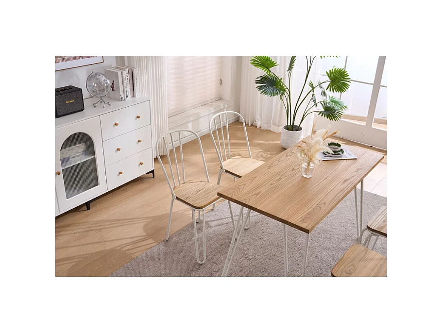 Lot de 4 chaises en métal blanc mat style industriel et assise en bois clair – Pieds en épingle