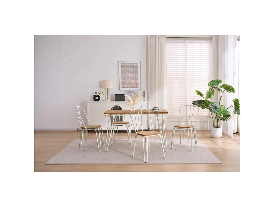 Lot de 4 chaises en métal blanc mat style industriel et assise en bois clair – Pieds en épingle
