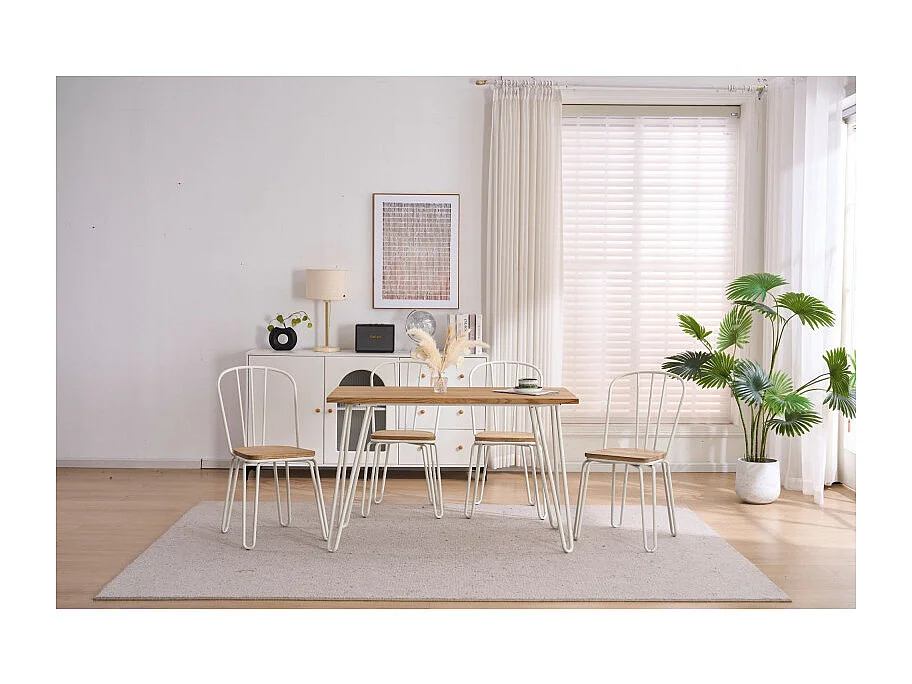 Lot de 4 chaises en métal blanc mat style industriel et assise en bois clair – Pieds en épingle