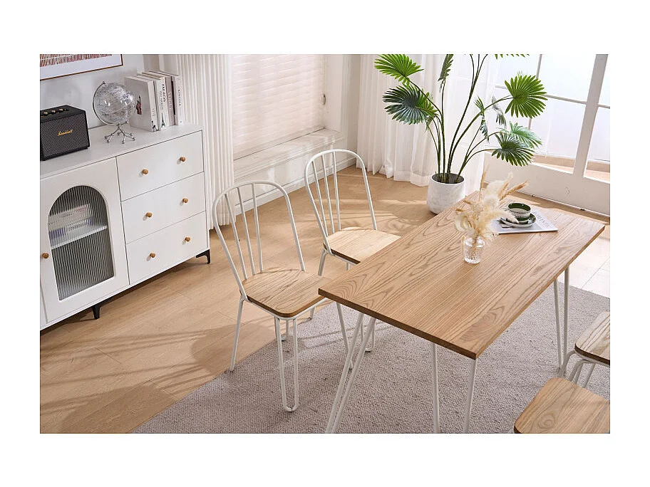 Lot de 4 chaises en métal blanc mat style industriel et assise en bois clair – Pieds en épingle
