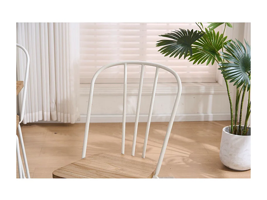 Lot de 4 chaises en métal blanc mat style industriel et assise en bois clair – Pieds en épingle