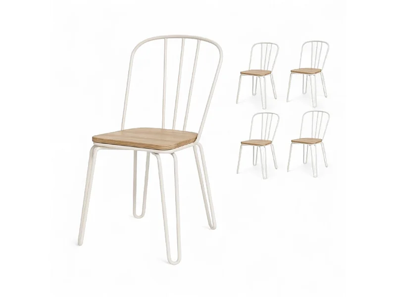 Lot de 4 chaises en métal blanc mat style industriel et assise en bois clair – Pieds en épingle