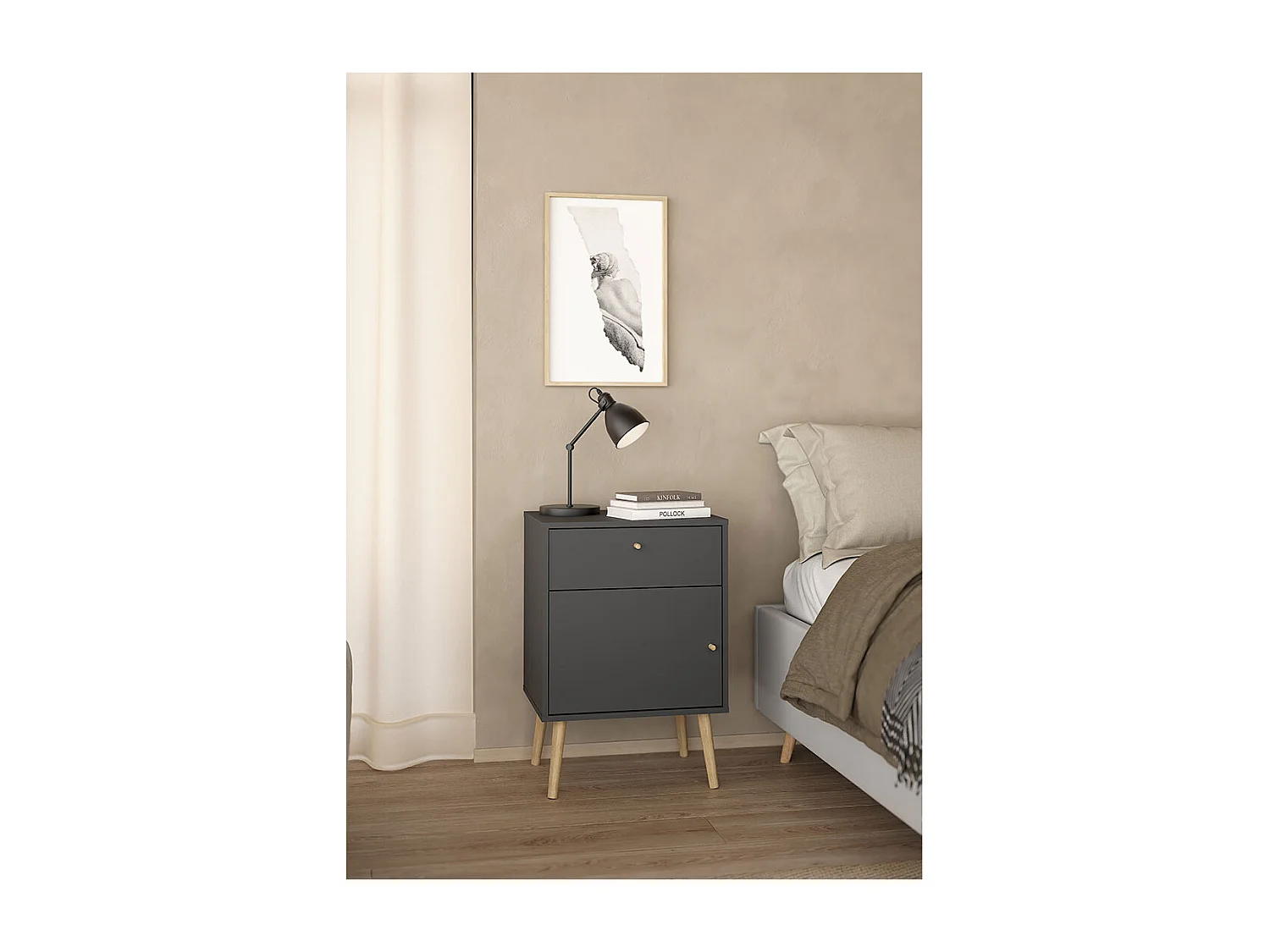 Bodo Nachttisch 1 Tür, 1 Schublade matte grau.
