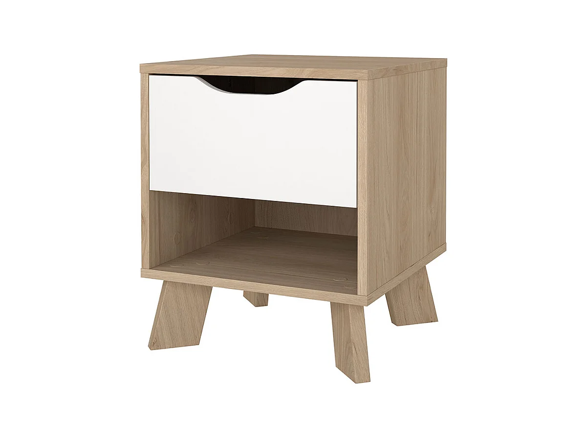 Comodino Ikast 1 cassetto, 1 ripiano, decoro rovere, bianco.