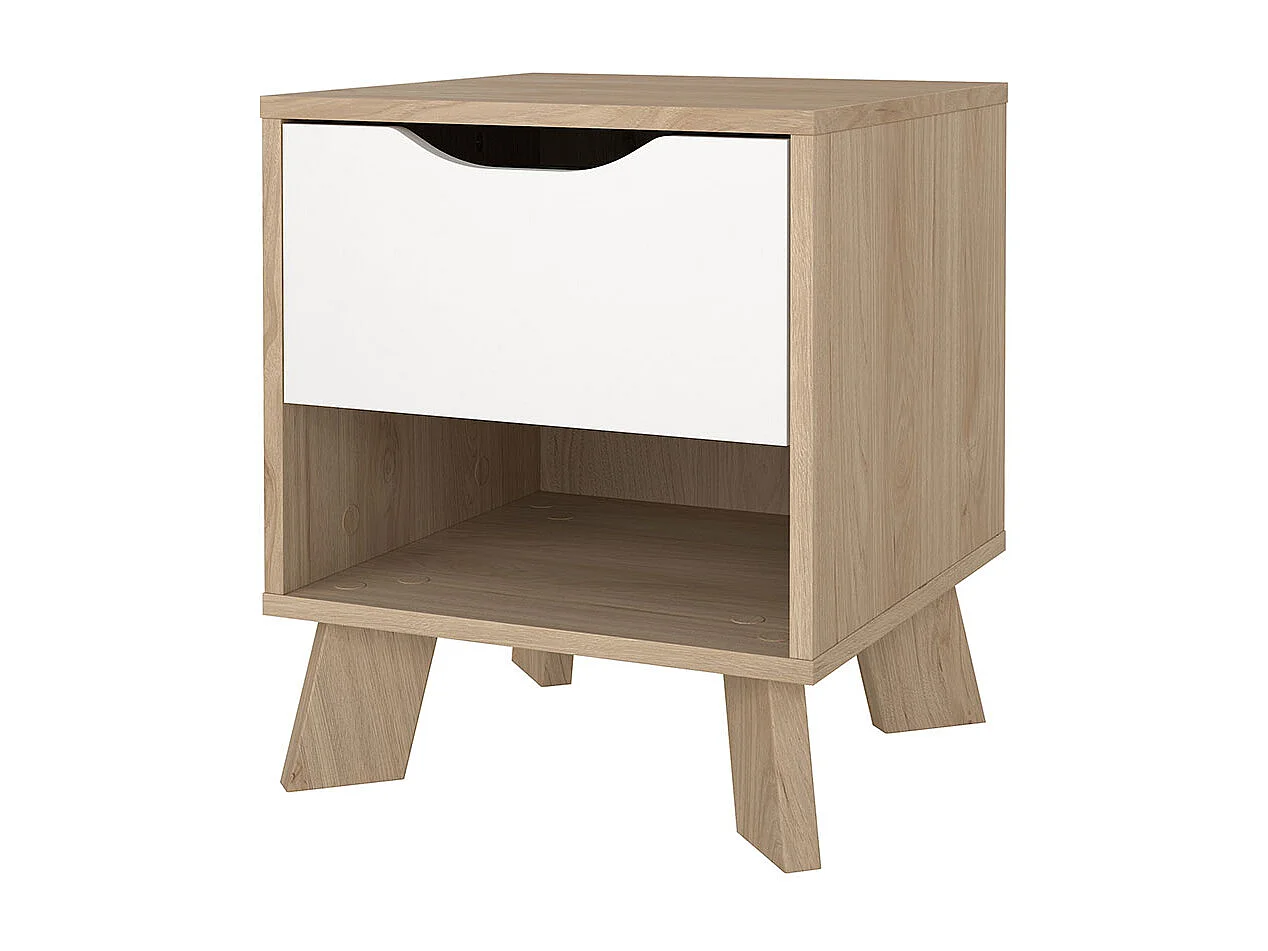 Comodino Ikast 1 cassetto, 1 ripiano, decoro rovere, bianco.