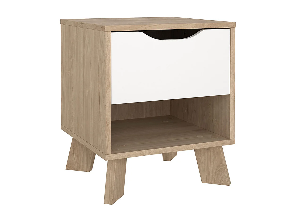 Comodino Ikast 1 cassetto, 1 ripiano, decoro rovere, bianco.
