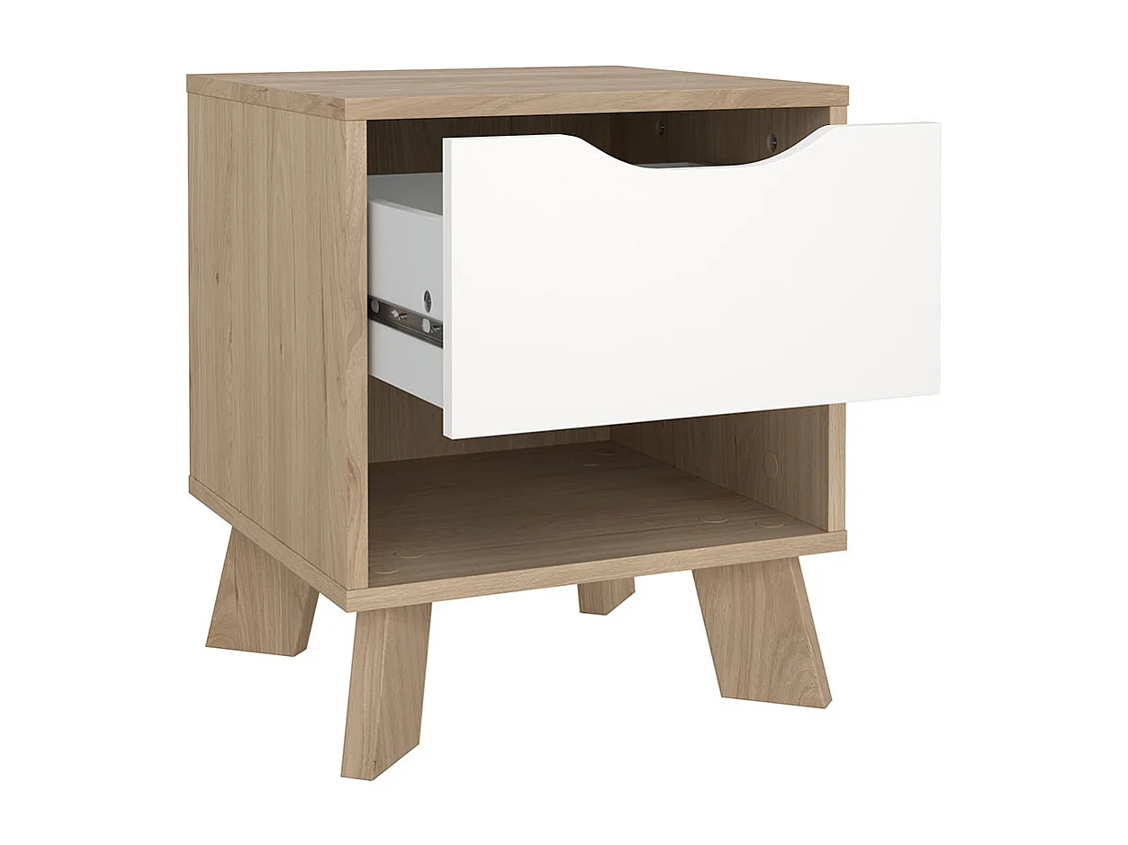 Comodino Ikast 1 cassetto, 1 ripiano, decoro rovere, bianco.