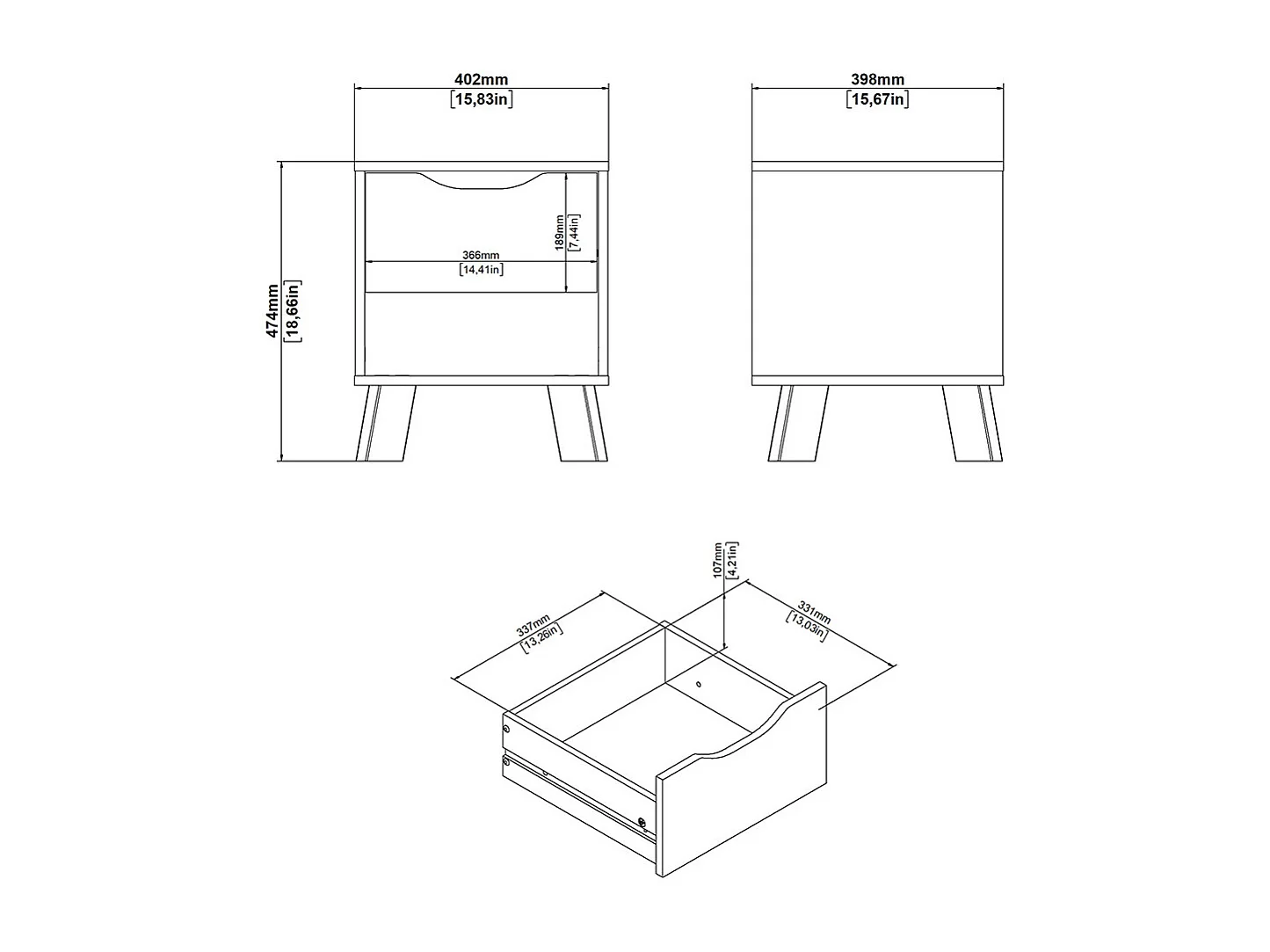 Comodino Ikast 1 cassetto, 1 ripiano, decoro rovere, bianco.