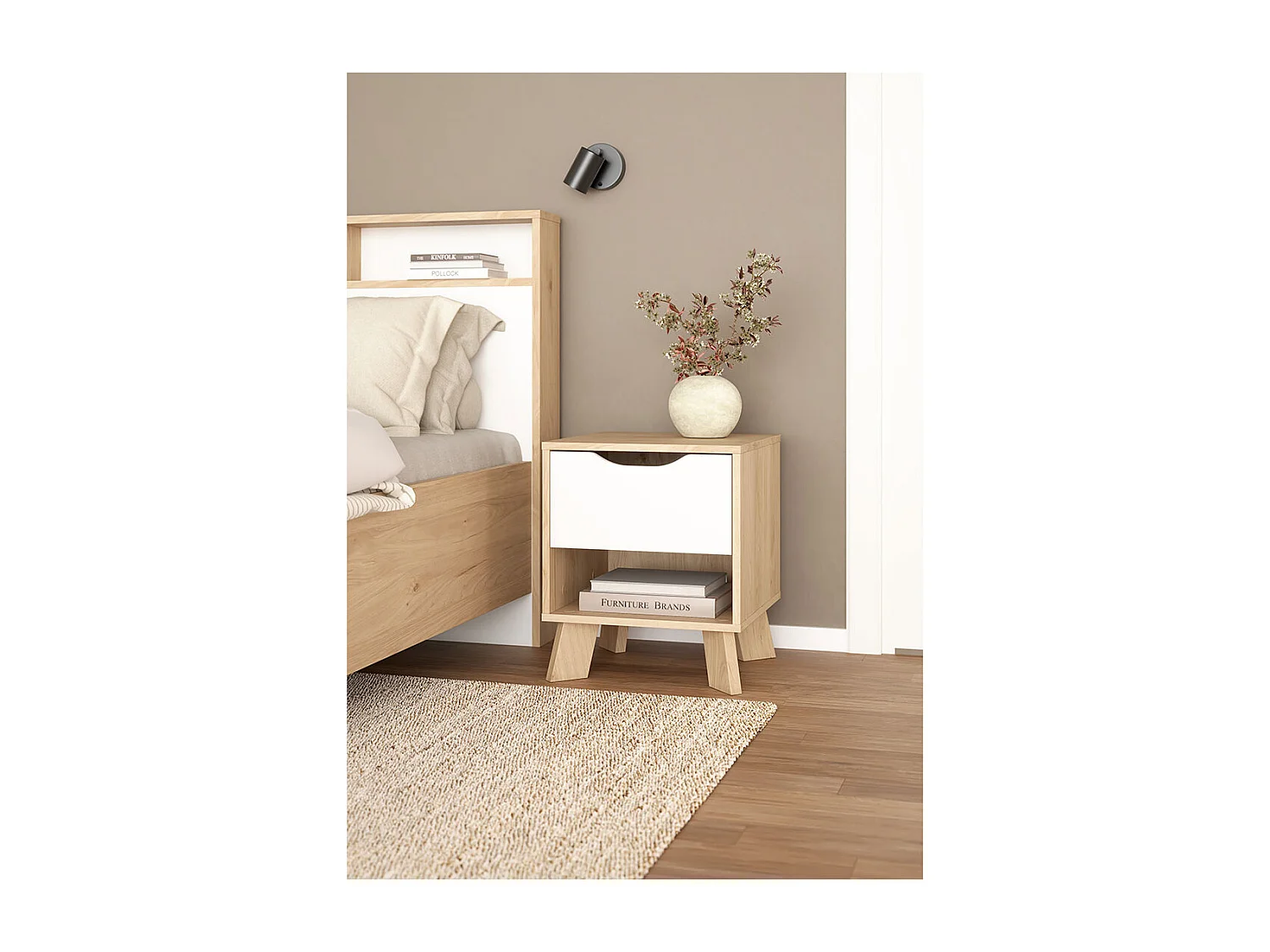 Comodino Ikast 1 cassetto, 1 ripiano, decoro rovere, bianco.