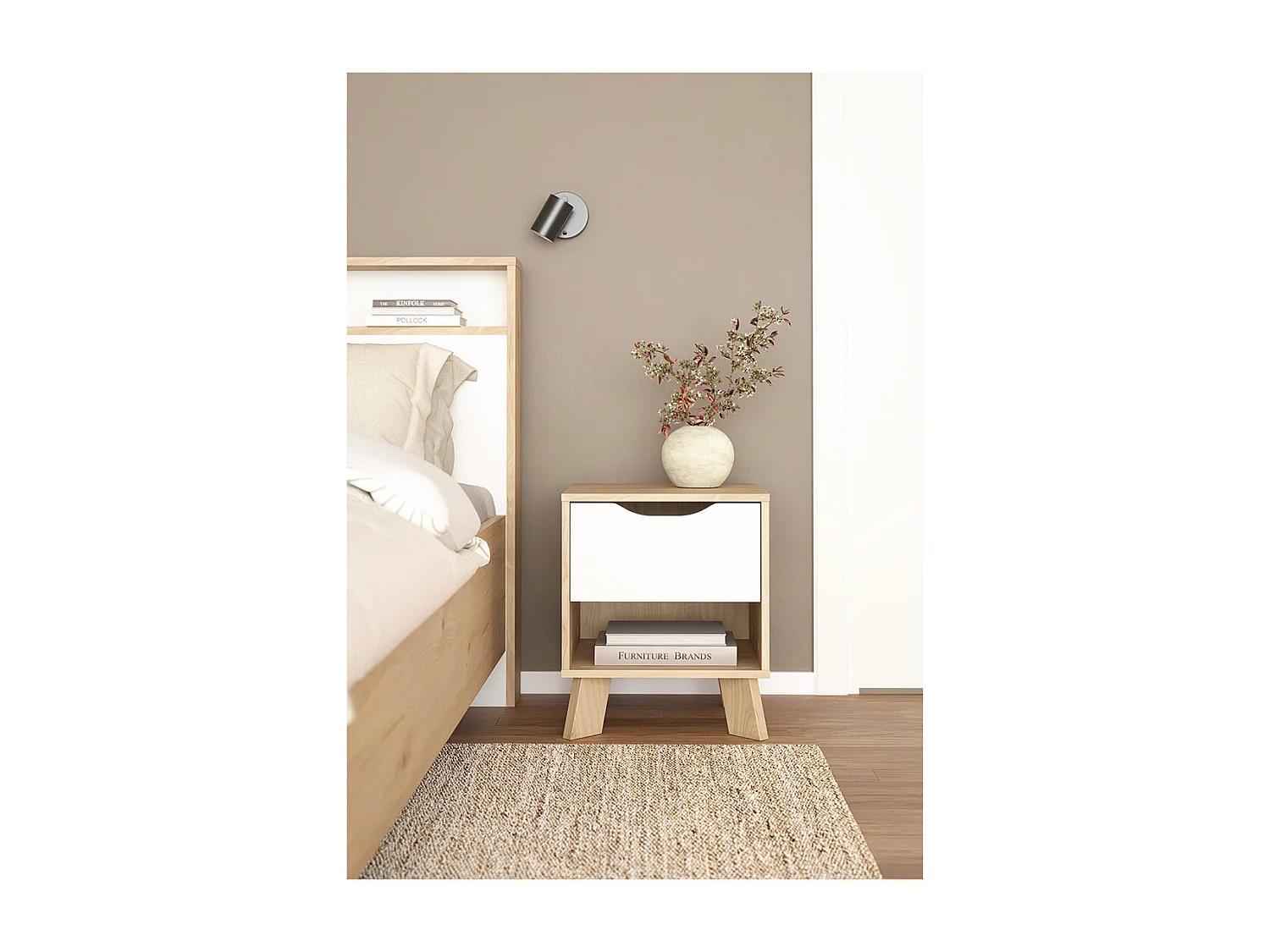 Comodino Ikast 1 cassetto, 1 ripiano, decoro rovere, bianco.