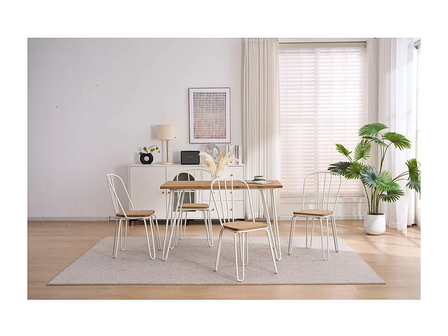 Chaise en métal blanc mat style industriel et assise en bois clair – Pieds en épingle